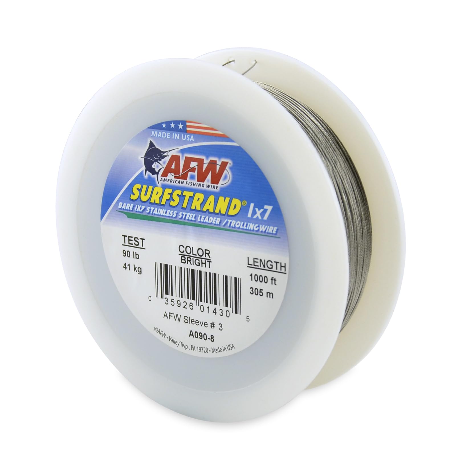 American Fishing Wire Surfstrand, Bare 1x7 Stainless Steel Leader Wire, 90 lb Test, 0.024" Diameter, Bright, 1000 ft — image 1