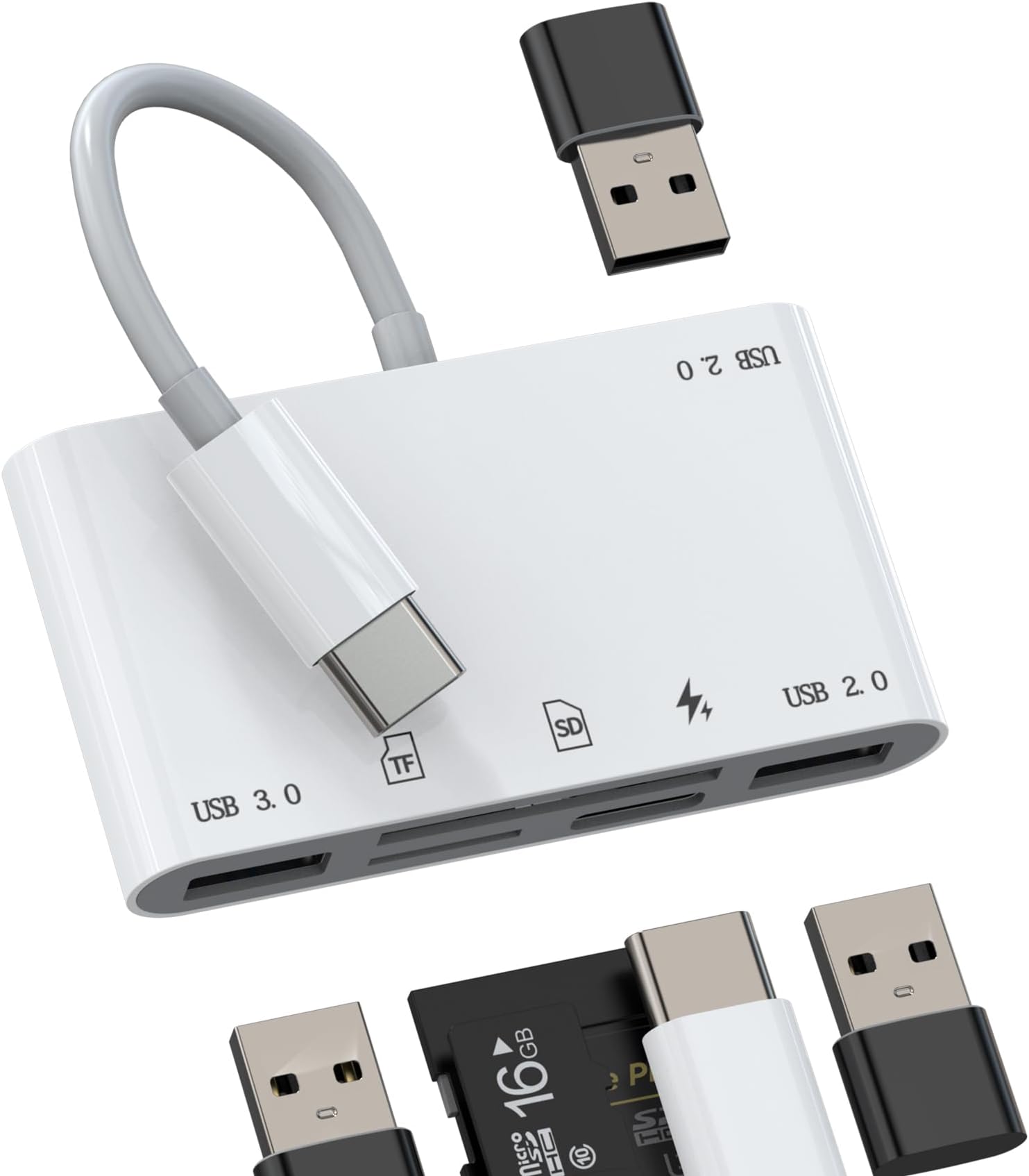 USB C Hub USB 3.0 TF SD Card Reader Charging Docking Station (6in1) Type C Multiport Adapter Thunderbolt Charger Cable Micro SD Memory Dongle for Apple for iPhone15 mac for iPad compatible for Samsung