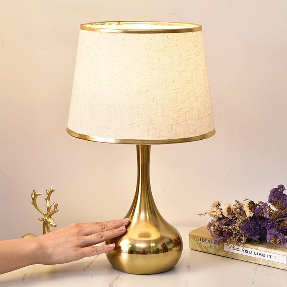 Dimmbare Tischlampe 3000K/4500K/6000K Touch Control Tischleuchte mit Stecker Kabel Nachttischlampe mit Schalter Stoffschirm Schreibtischlampe Gold Metall Nachtlampe Retro E27 Für Wohnzimmer
