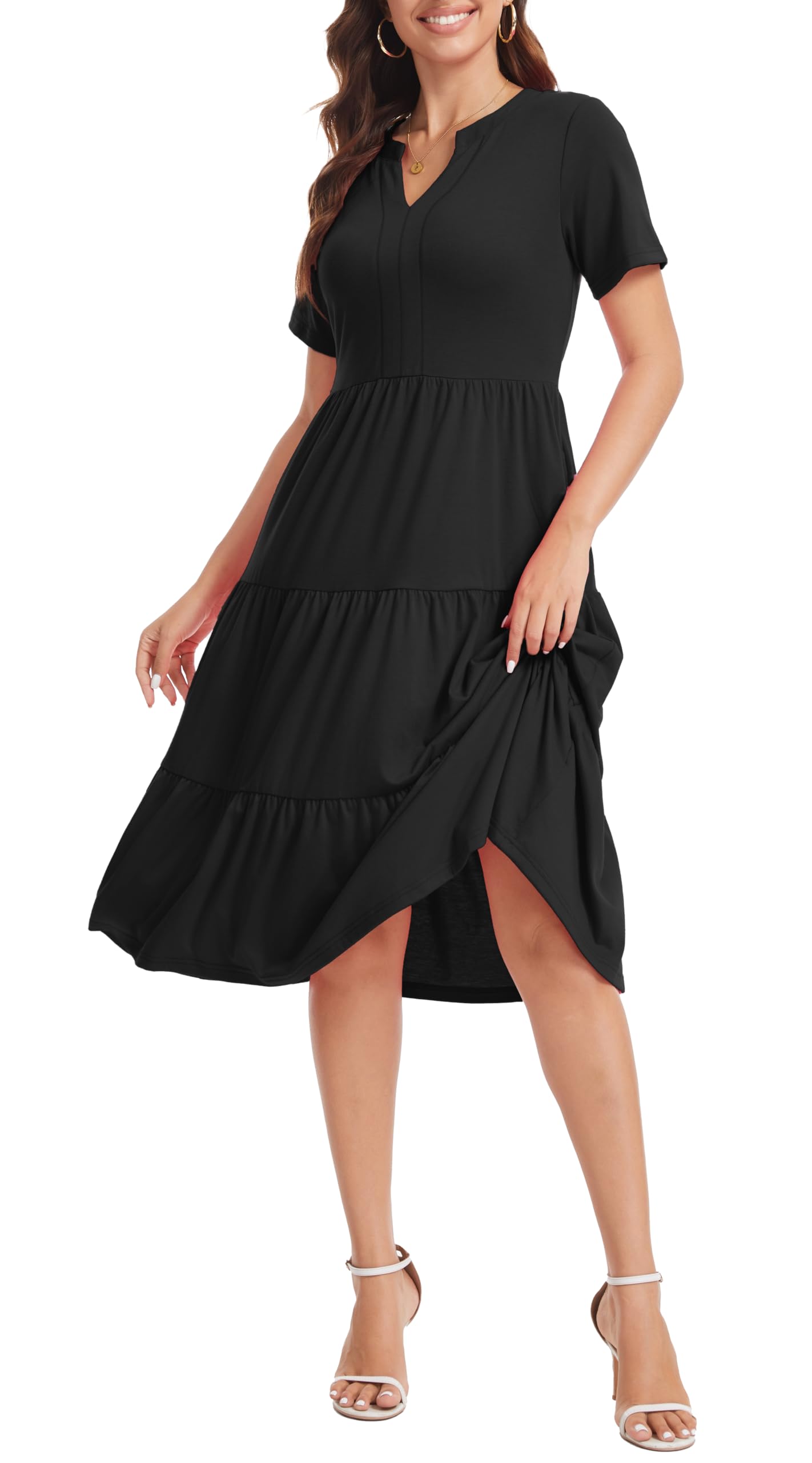 Jeqeocafy Women's V Neck Dress 2026 Lounge Fashion Casual Loose Fit Flowy Swing Tiered Vacation Dresses
