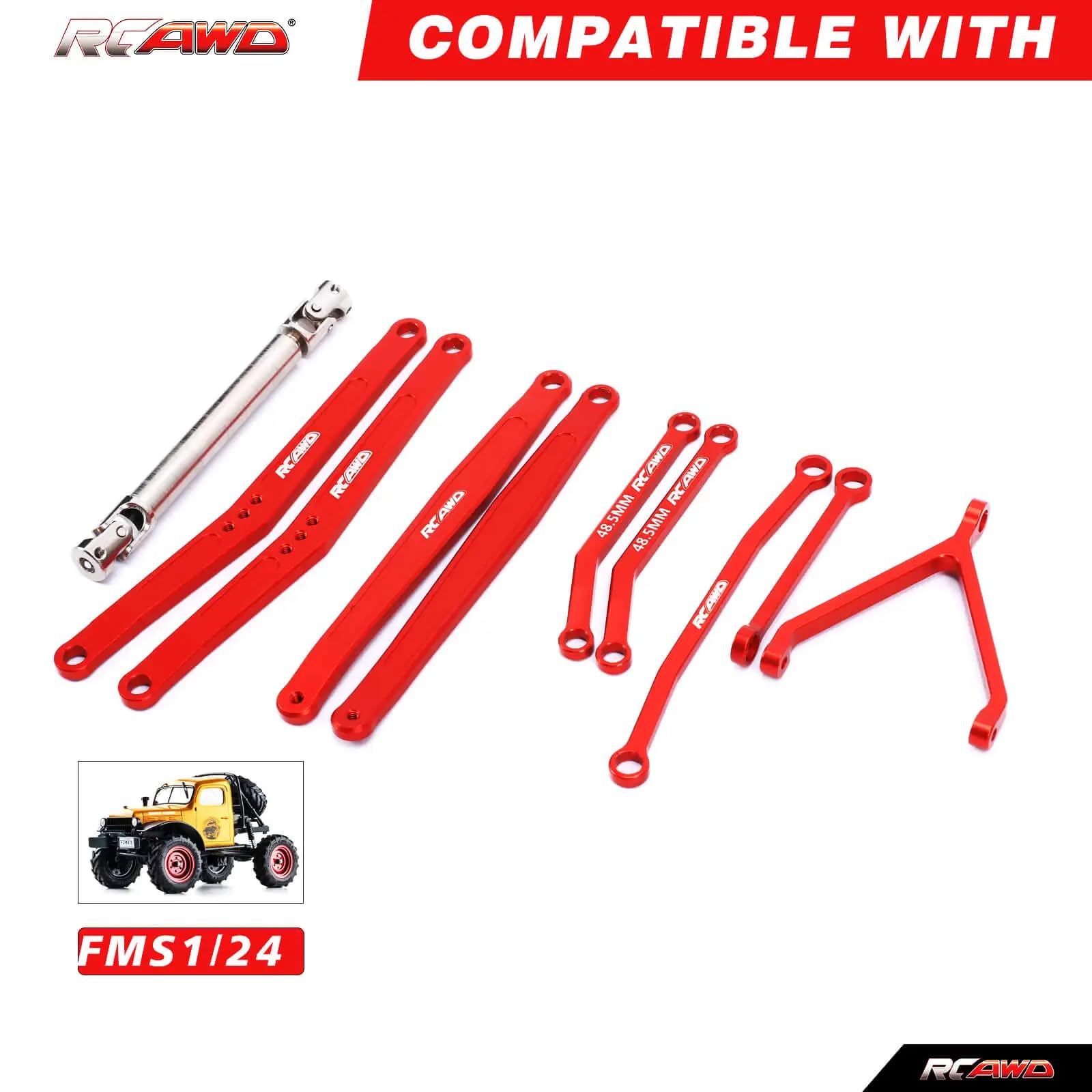 RCAWD Alloy Rear Axle Extended Link Set 35mm Extended Upper/Lower Linkage 70mm CVD Center Drive Shaft for 1/24 FMS FCX24 Upgrade Parts (Red) - Image 3