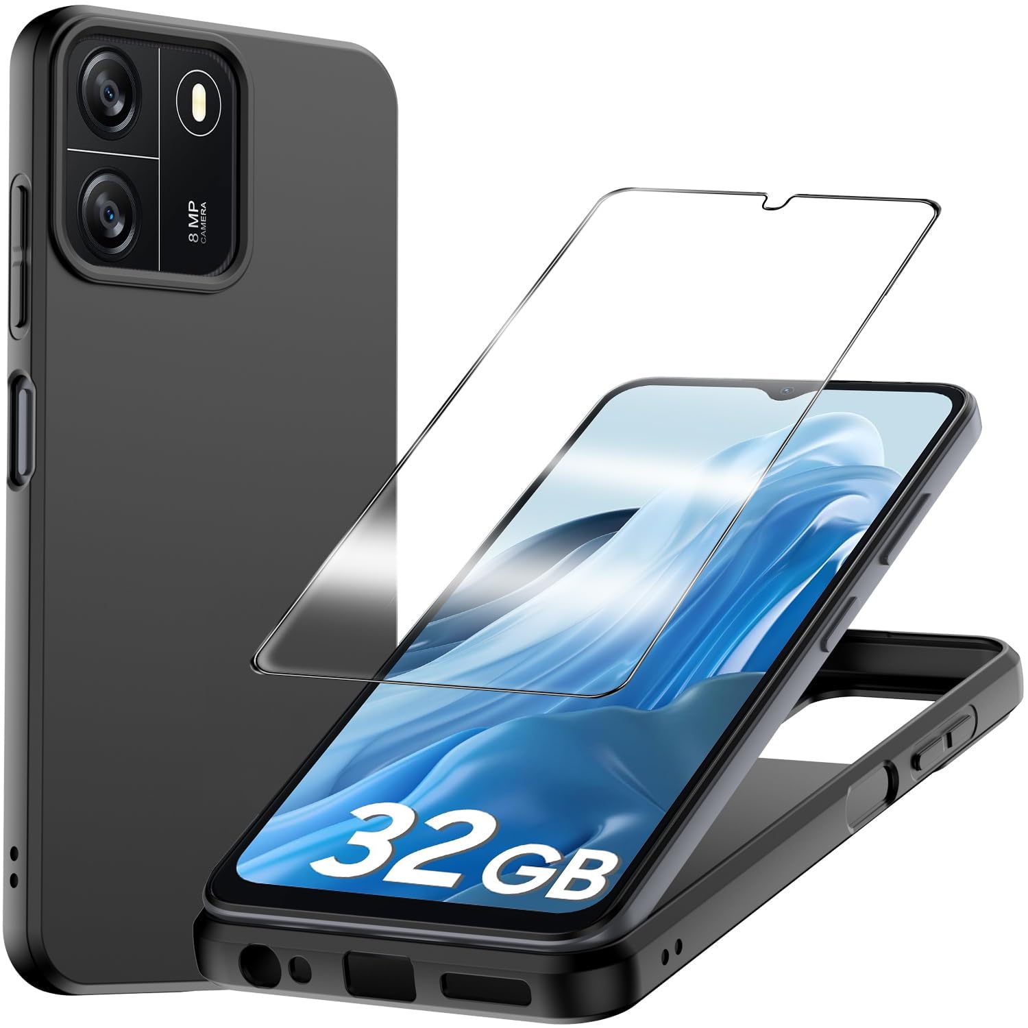 for Blackview WAVE 6C Case with Tempered Glass Screen Protector Slim Full-Body Silicone Bumpers Anti-Scratch Shockproof Protective phone Case Cover for Blackview WAVE 6C(black)