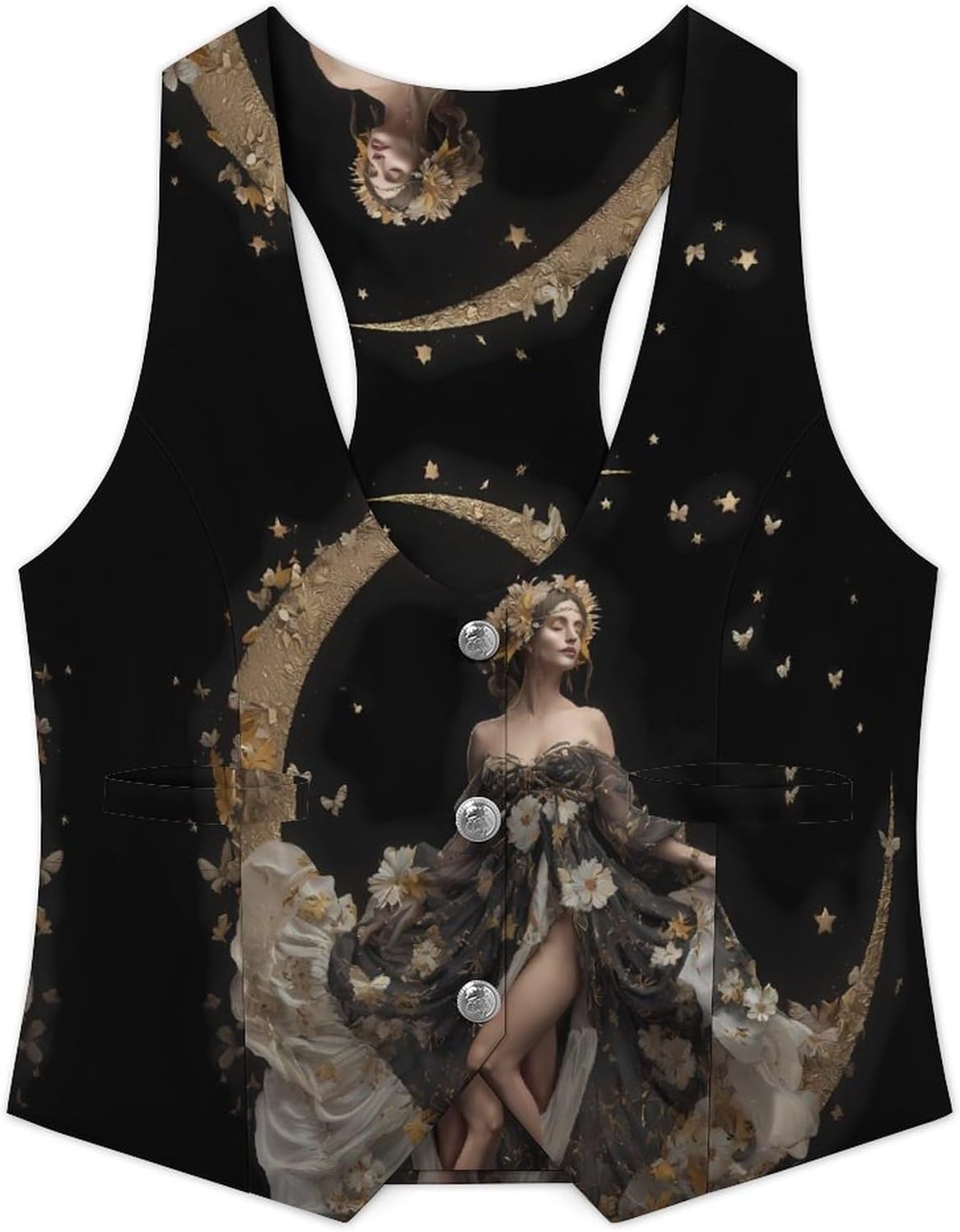 Dark Moon Stars Goddesses Women's Suit Vest Top Button Blazer 5XL | V-Neck,Wasitcoat,with Pockets,Sleeveless Jackets,Business Dress,Slim Fit,for Work Office,Dressy Casual