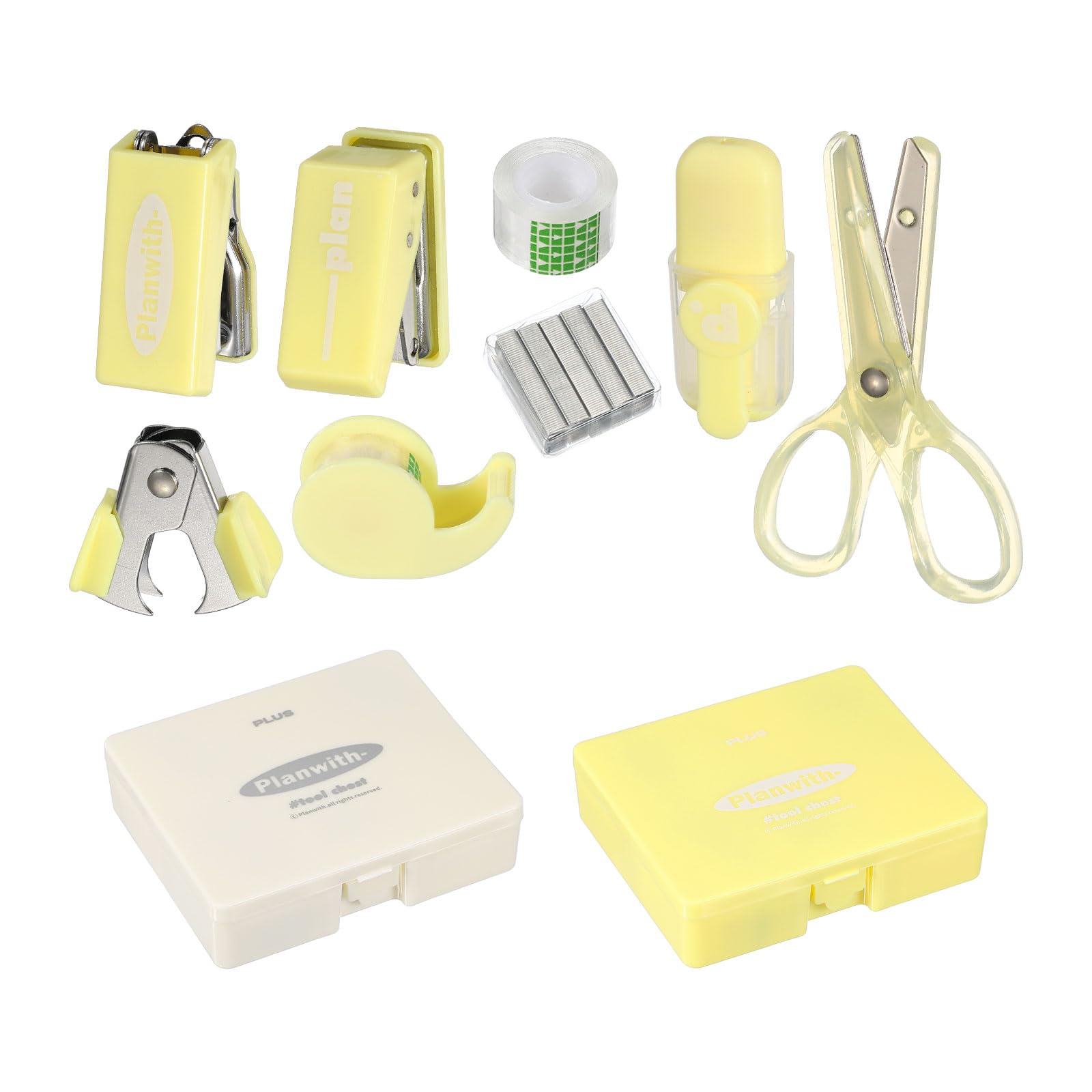 PATIKIL 2 Pack Office Supplies Set, 8pcs Desk Supplies Set Stapler Tape Dispenser Scissors Accessories Kit Mini Office Supply Kit Cute Small for Desk Women Organizer, White Yellow