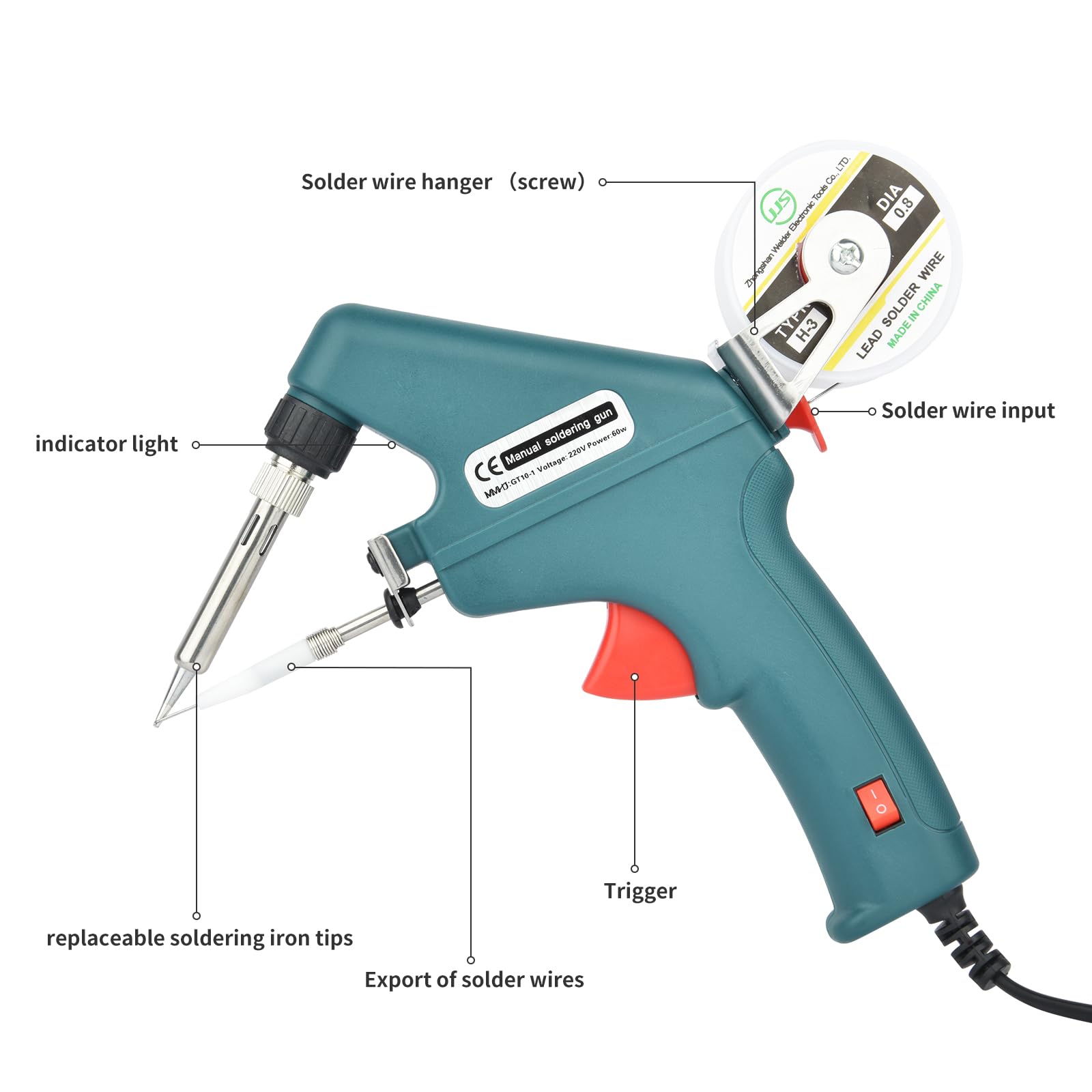 Kit de pistola de soldadura electrónica de 60 W, juego de 5 puntas de soldadura, bomba desoldadora, pinzas, cables de soldadura para reparación de coches, joyas, bricolaje, reparación de placas de