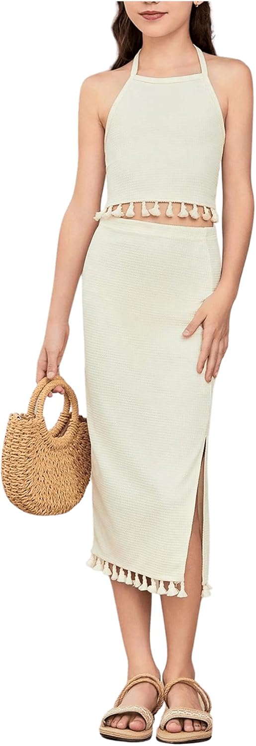 SHENHE Girl’s 2 Piece Summer Clothes Tassel Halter Crop Top and Slit Midi Skirt Set Vacation Outfits