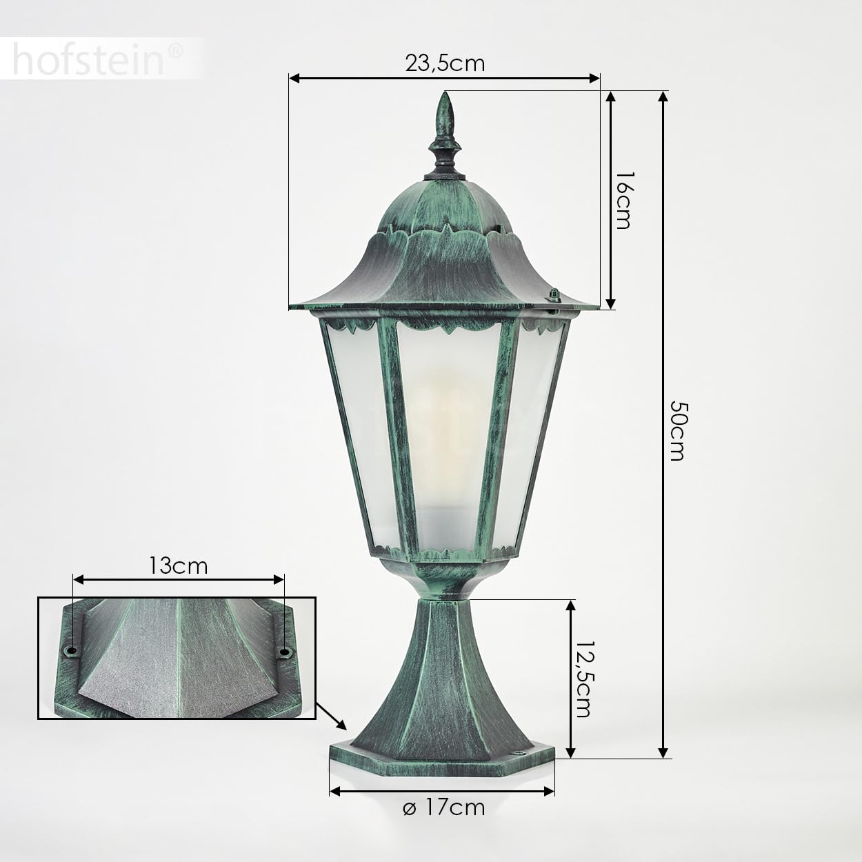 Lampe d'allée extérieure Hongkong, lampe de socle en métal/verre en noir-vert/verre laiteux, lampe d'allée, 50 cm IP44, 1 x E27, ampoule(s) non incluse(s)