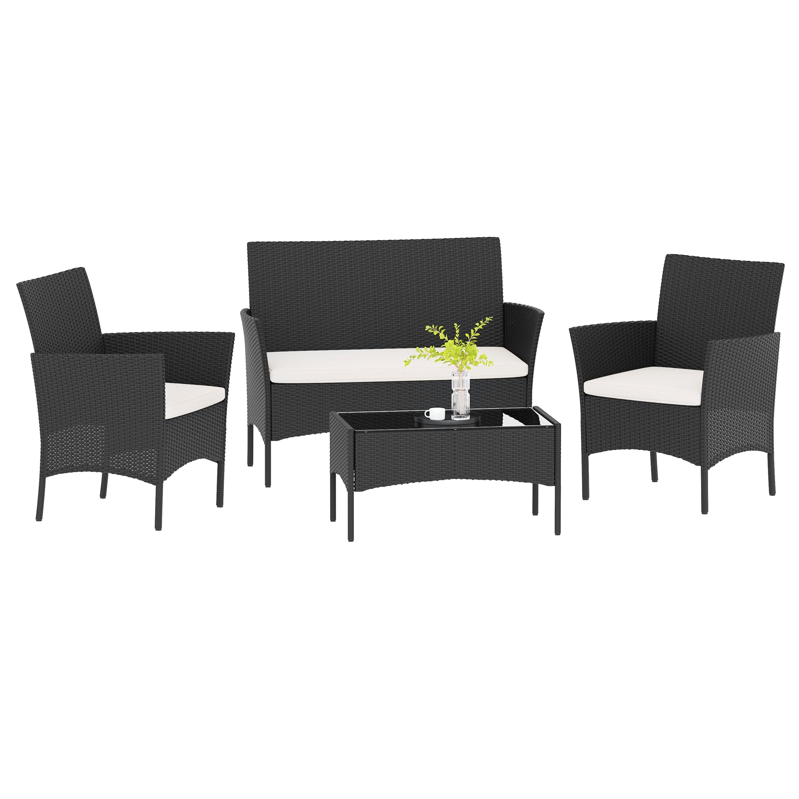 bigzzia Outdoor Patio Furniture Set, 4 PCS Garden Conversation Set Indoor Outdoor Use Rattan Chair Wicker Sofa for Garden Backyard Balcony Porch Poolside(Black)