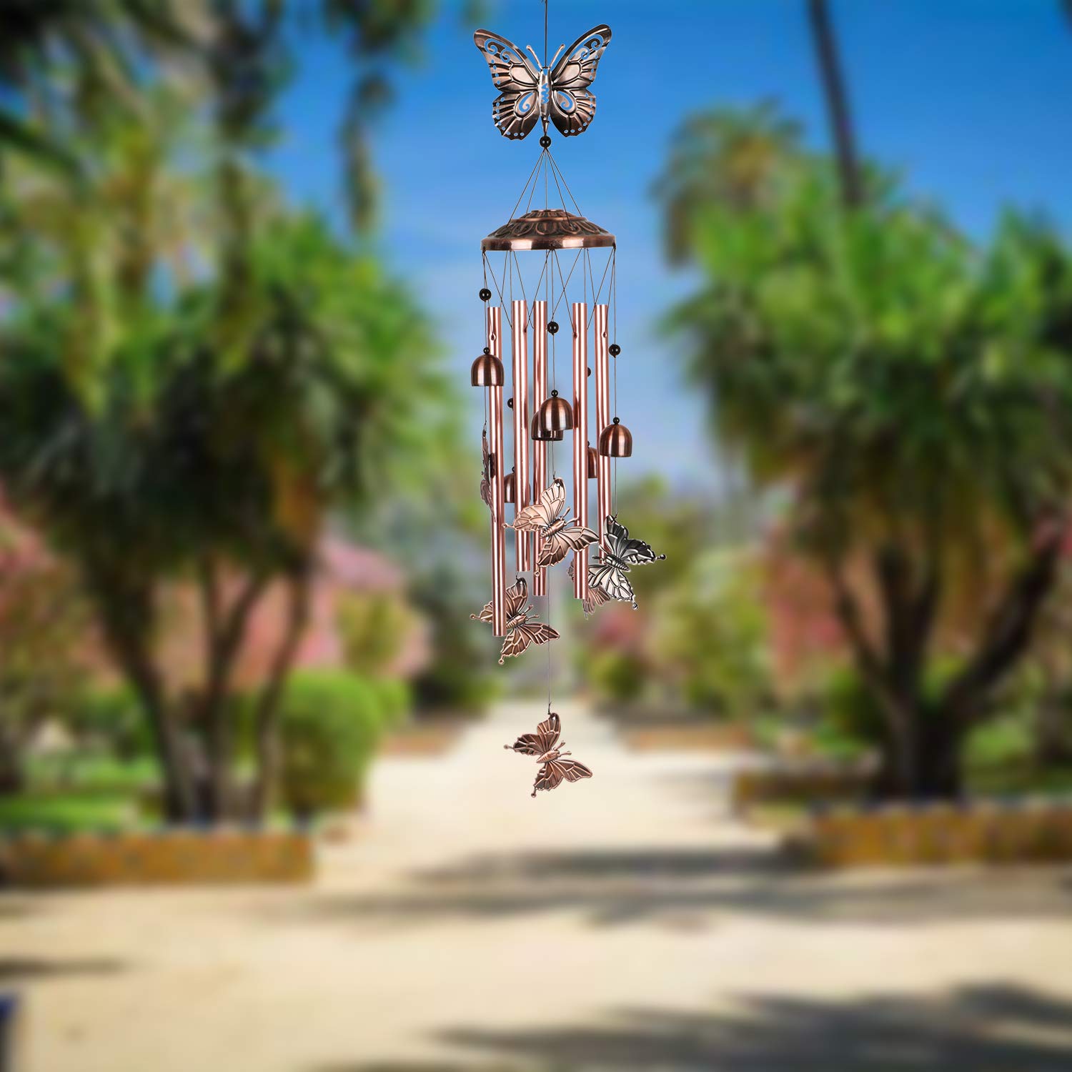 Windspiel Mit 18 Metallröhren & Schmetterlingen – 75 Cm Lang, Goldfarben – Für Garten, Balkon & Als Geschenk