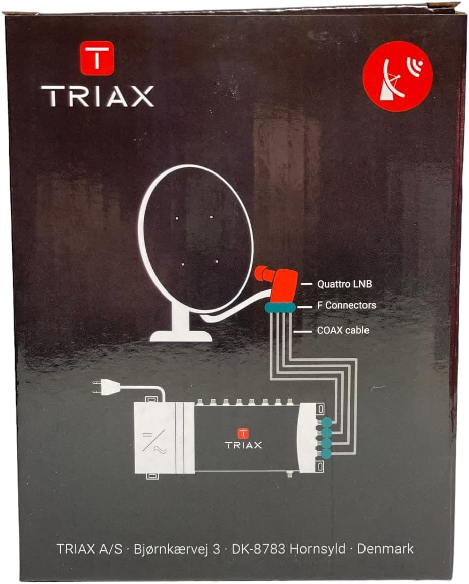 Diagram showing satellite dish, Quattro LNB, F-connectors, coaxial cables, and multi-switch connection
