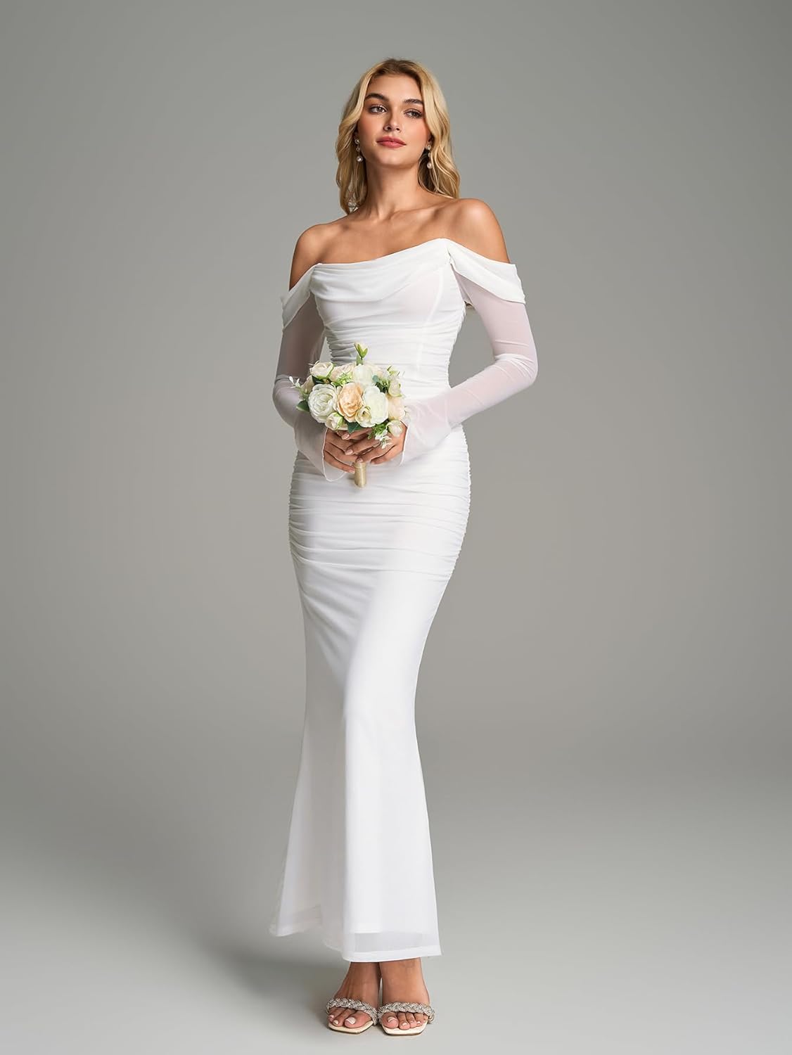 KUTUMAI Off Shoulder Long Sleeve Maxi Dress Corset Bodycon Ruched Cocktail Formal Wedding Guest Dresses for Women - Image 3