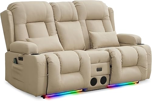 Miniatura 32 de URRED Sofá reclinable de dos plazas con masaje y calor, sofá biplaza reclinable eléctrico con consola, asiento de cine en casa con luces LED,