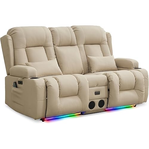 URRED Loveseat Recliner Sofa with Massage and Heat, Power Reclining Loveseat Sofa RV Couch with Console, Home Theater Seating with LED Lights, Bluetooth Speakers, USB, Outlets, Leathaire Beige