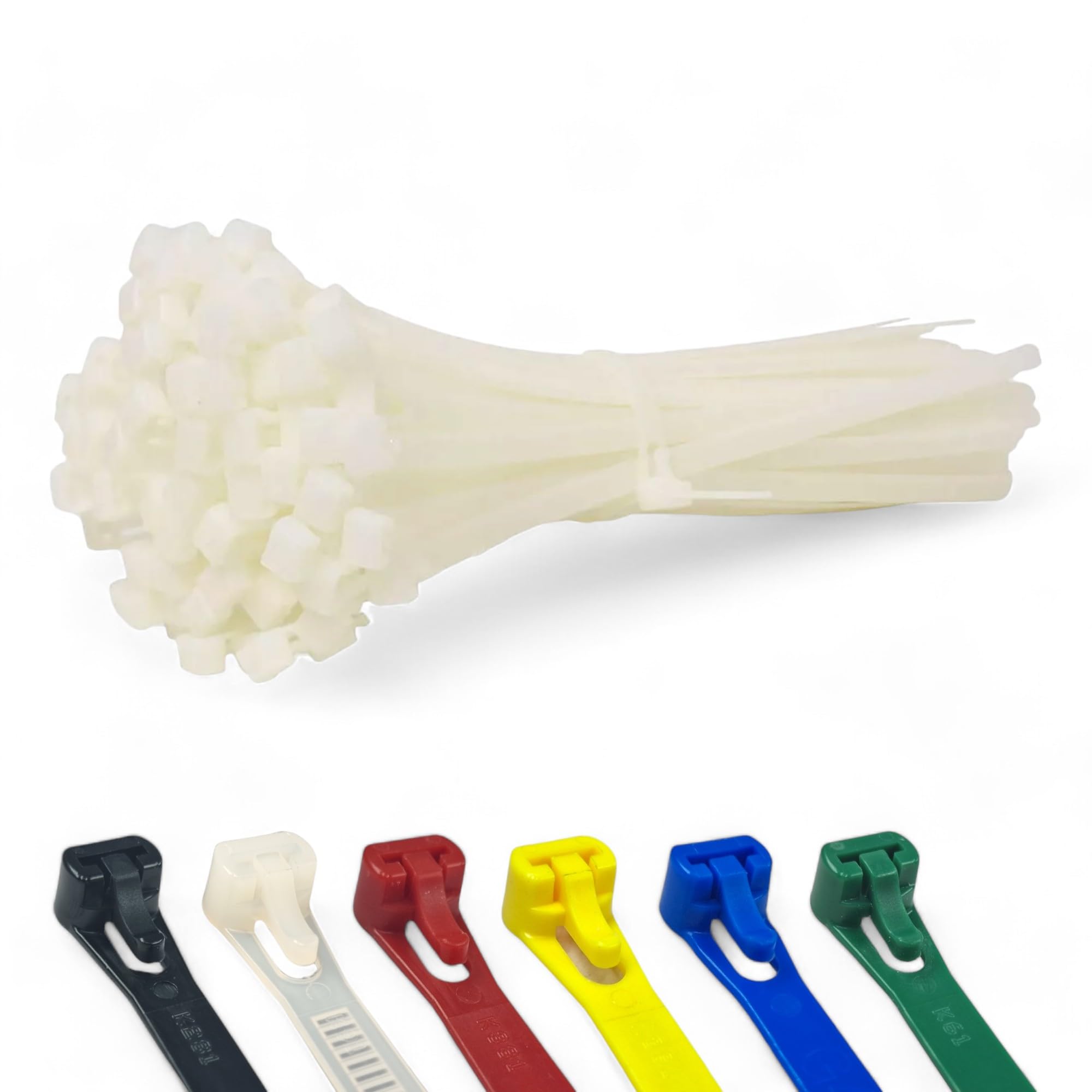 100 Pack of 200mm x 7.6mm Releasable Cable Ties White Heavy Duty Reusable Strong Nylon Zip Tie