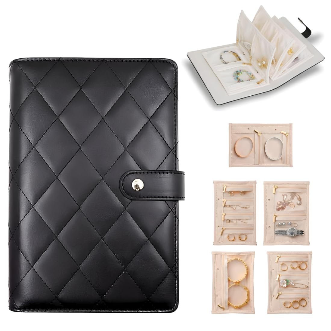 V-VRAT Jewelry Book Organizer - PU Leather Travel Jewelry Case with 5 Detachable Pages for Necklaces, Rings, Earrings, Tangle-Free (BLACK)