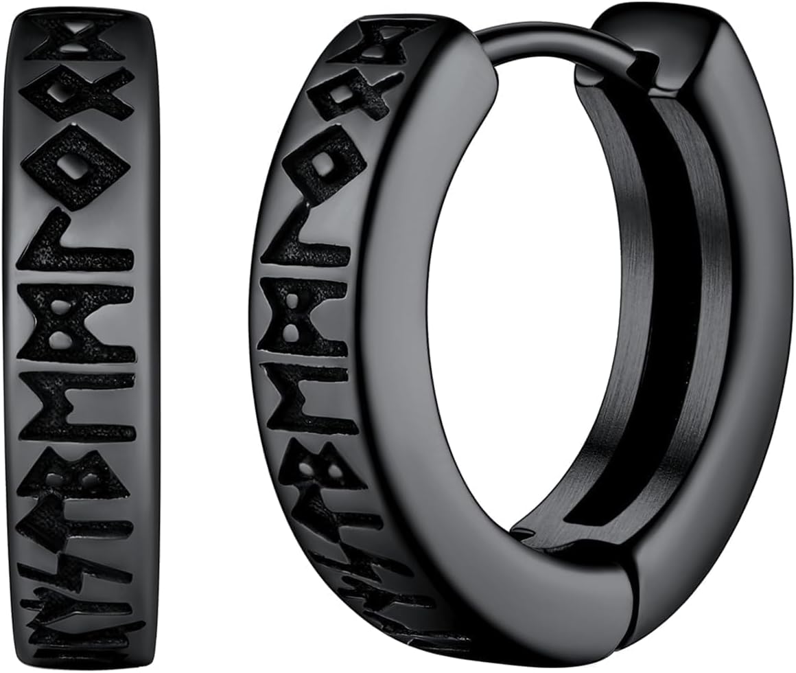 FaithHeart Norse Viking Rune Huggie Hoop Earrings for Men Black/Gold/Silver
