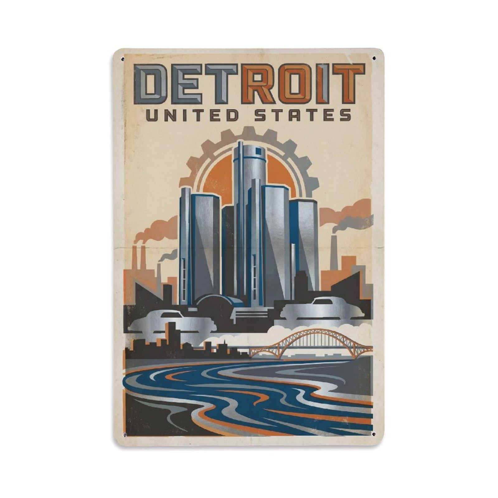 USA Detroit Vintage Travel Metal Tin Sign