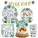 Generic 66 Pezzi Stoviglie Animali della Giungla, Wild One Forniture per Feste di Compleanno con Piatti di Carta, Bicchieri e Tovaglioli per Il Compleanno dei Bambini