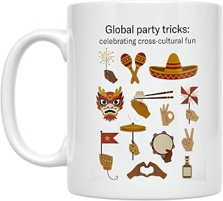 Cultural Enthusiast Coffee Mug - Global Party Tricks Collage Design - 11 oz White Ceramic - Festive Vibe