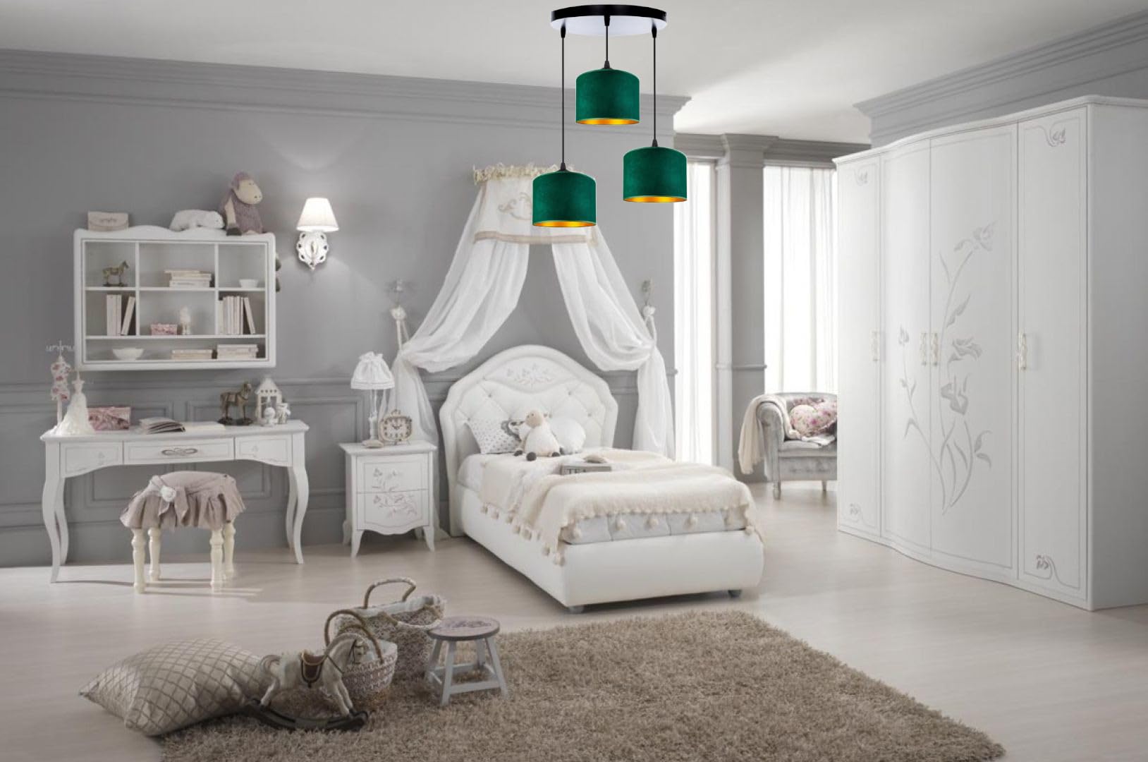 Home Deco Deckenlampe Grün Lampe Leuchte aus Velours Vintage Modern E27 Designerlauchte 3-flammig N230-ER3