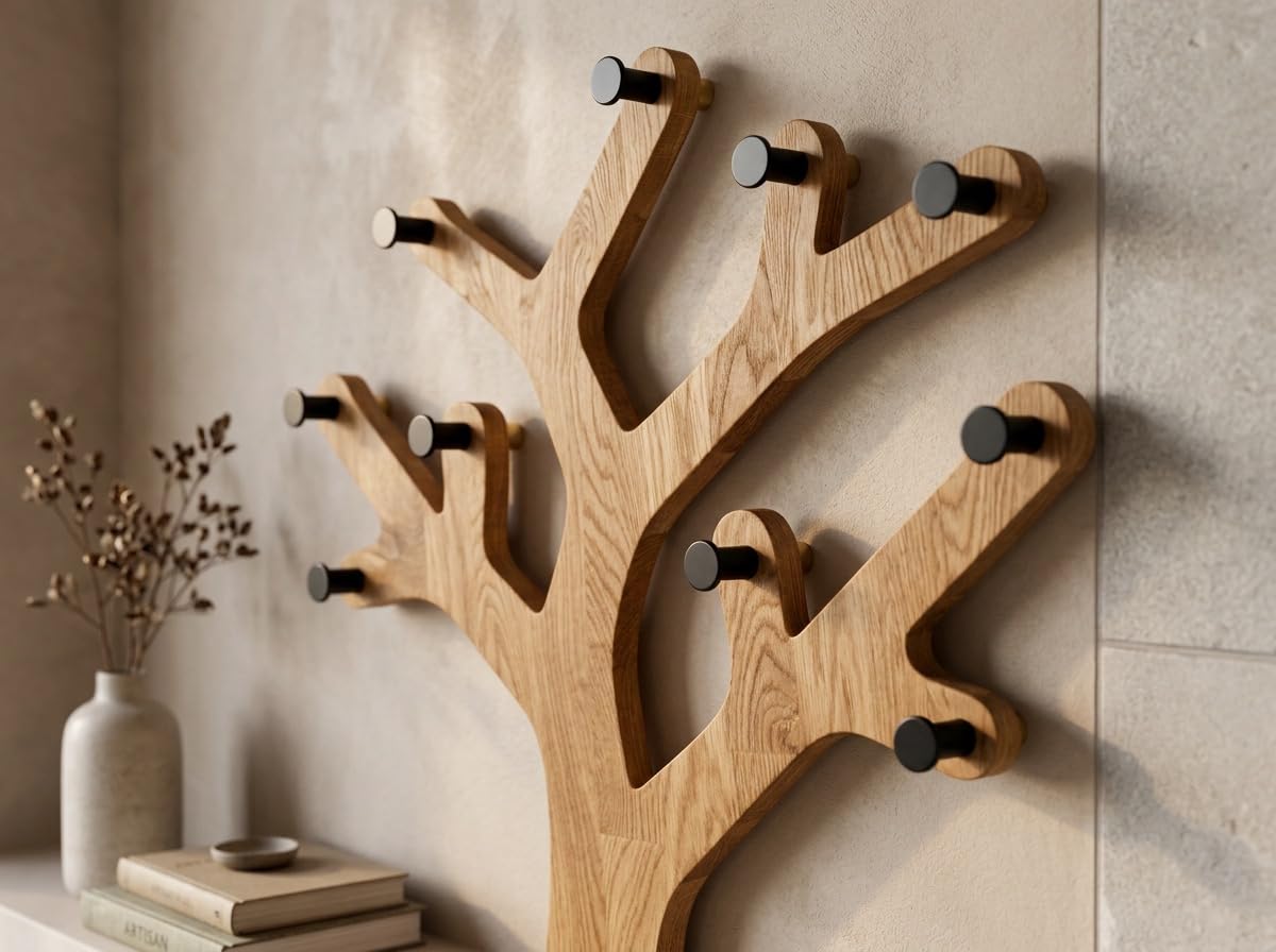FLEXISTYLE Wandgarderobe Eichenbaum Holz Eiche mit Metallhaken Flurgarderobe modern schwarz – Garderobe Wand, Kleiderhaken, Wandhaken, Garderobenpaneel (Eiche, Top)