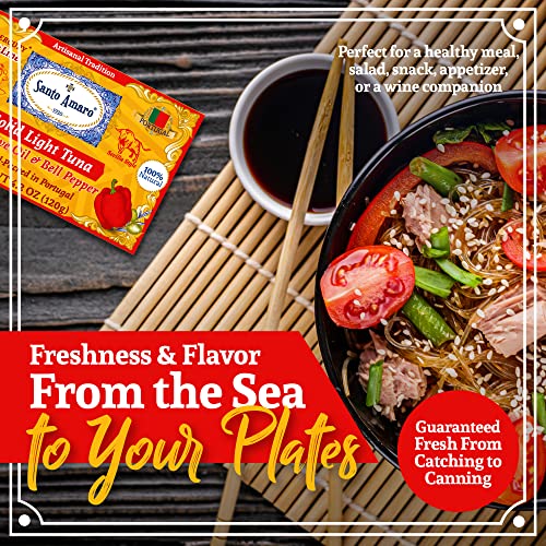 Image of Santo Amaro - Artisanal Wild Tuna Fillets in Olive Oil & Red Bell Pepper, Pole & Line Caught Tuna from Portugal, Hand-Packed Sevilla-Style Canned Tuna Fish, 22g Protein, Keto, Low Mercury, Pack of 6