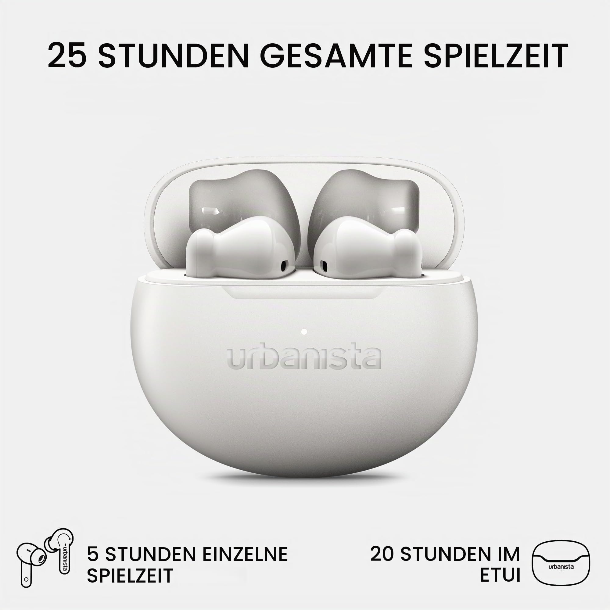 Urbanista Austin 2 True Wireless Earbuds - Kabellose Bluetooth 6.0 In-Ear Kopfhörer mit Multipoint-Verbindung, 25h Akku, ENC Mikrofon für Anrufe, IPX4 Wasserfest & Touch-Steuerung - Weiß