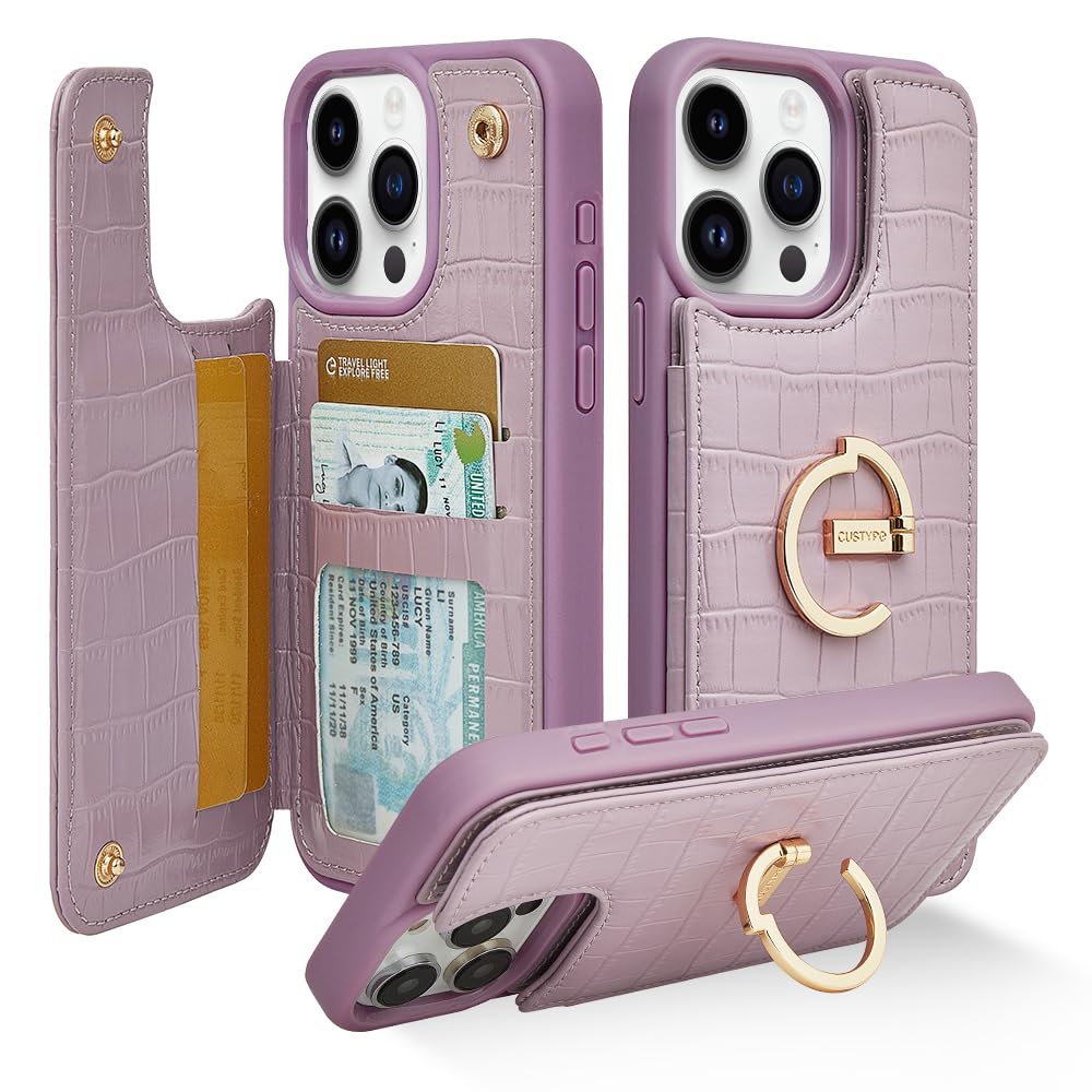 CUSTYPE for iPhone 15 Pro Max Wallet Case with Card Holder,Ring Holder Kickstand Card Slots Case,Leather Protective Case for Women Girl for iPhone 15 Pro Max 6.7"-Purple