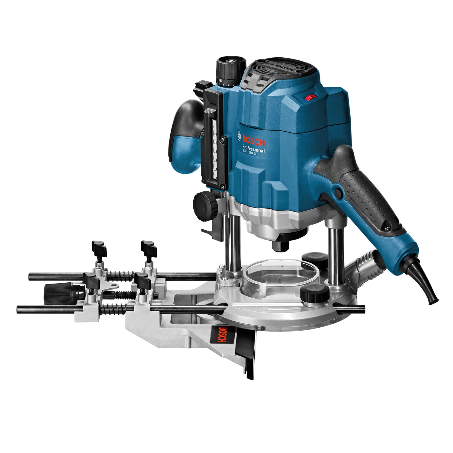 Bosch Professional Fresatrice verticale GOF 1250 CE (incl. chiave fissa 19 mm, guida parallela con regolazione di precisione, adattatore per anelli a copiare, pinza di serraggio, L-BOXX)