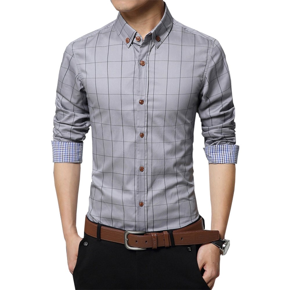 Gfirmament Men's Cotton Long Sleeve Plaid Slim Fit Casual Snap Buttons Plaid Dress Shirts, Grey, 4XLc