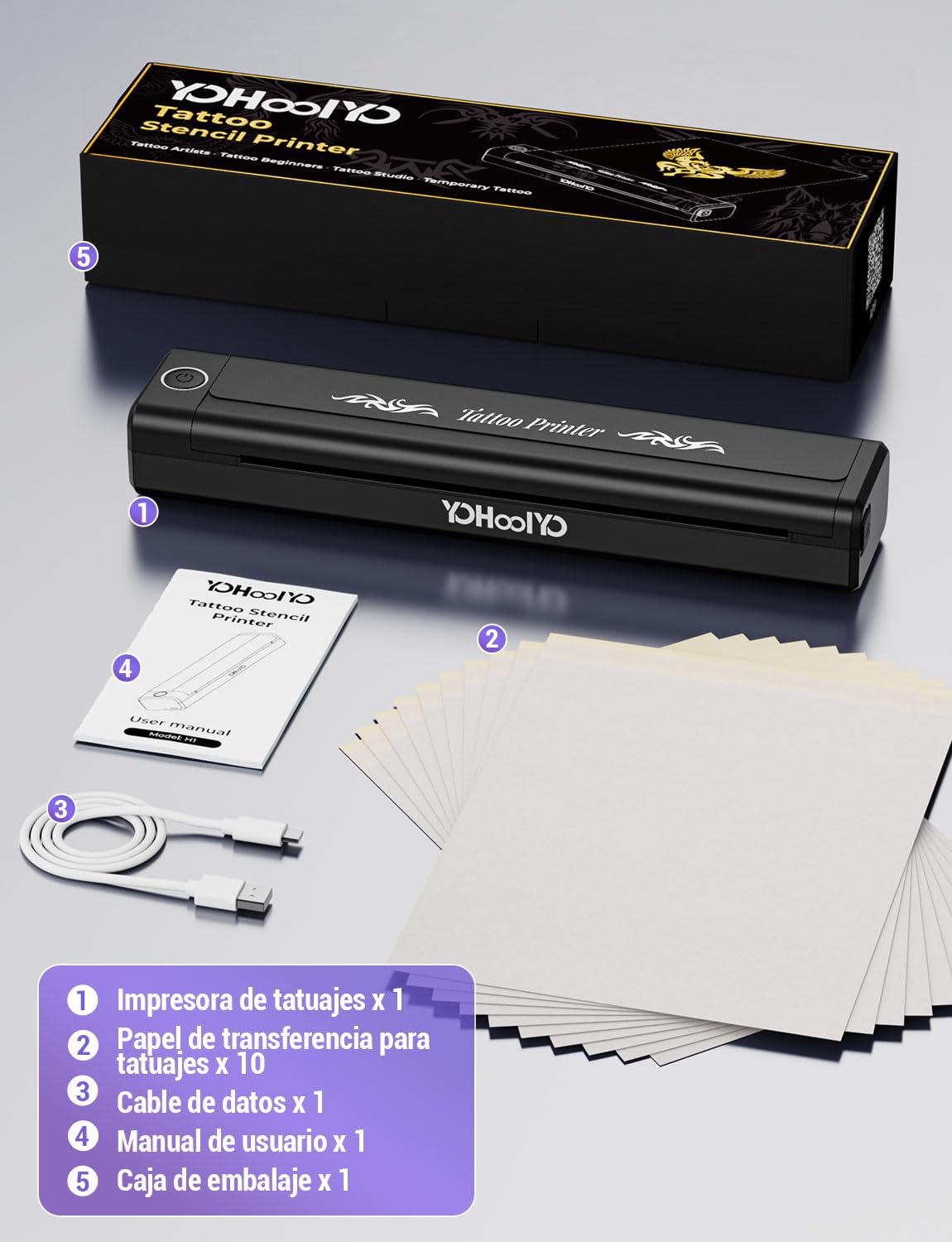 YOHOOLYO Termocopiadora Tattoo Bluetooth Impresora Termica Tattoo Portatil 203 DPI Compatible con Smartphones Tabletas Incluye 10 Hojas de Transferencia para Tatuadores Principiantes