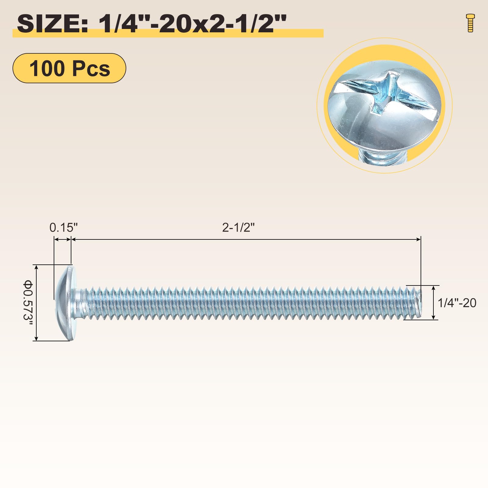 METALLIXITY Machine Screws Phillips Combo Head(1/4"-20x2-1/2") 100Pcs, Carbon Steel Round Head Cross Drive Furniture Bolts - Image 2