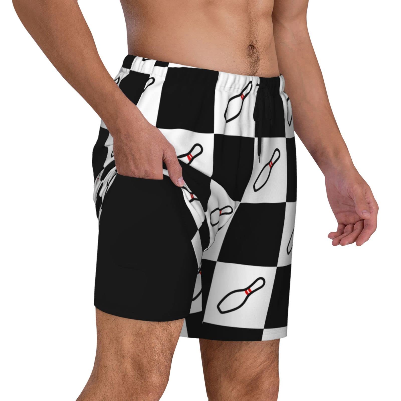 KURISOE Men's Swim Trunks with Bowling Pin Pattern, Checkered Swim Shorts with Liner