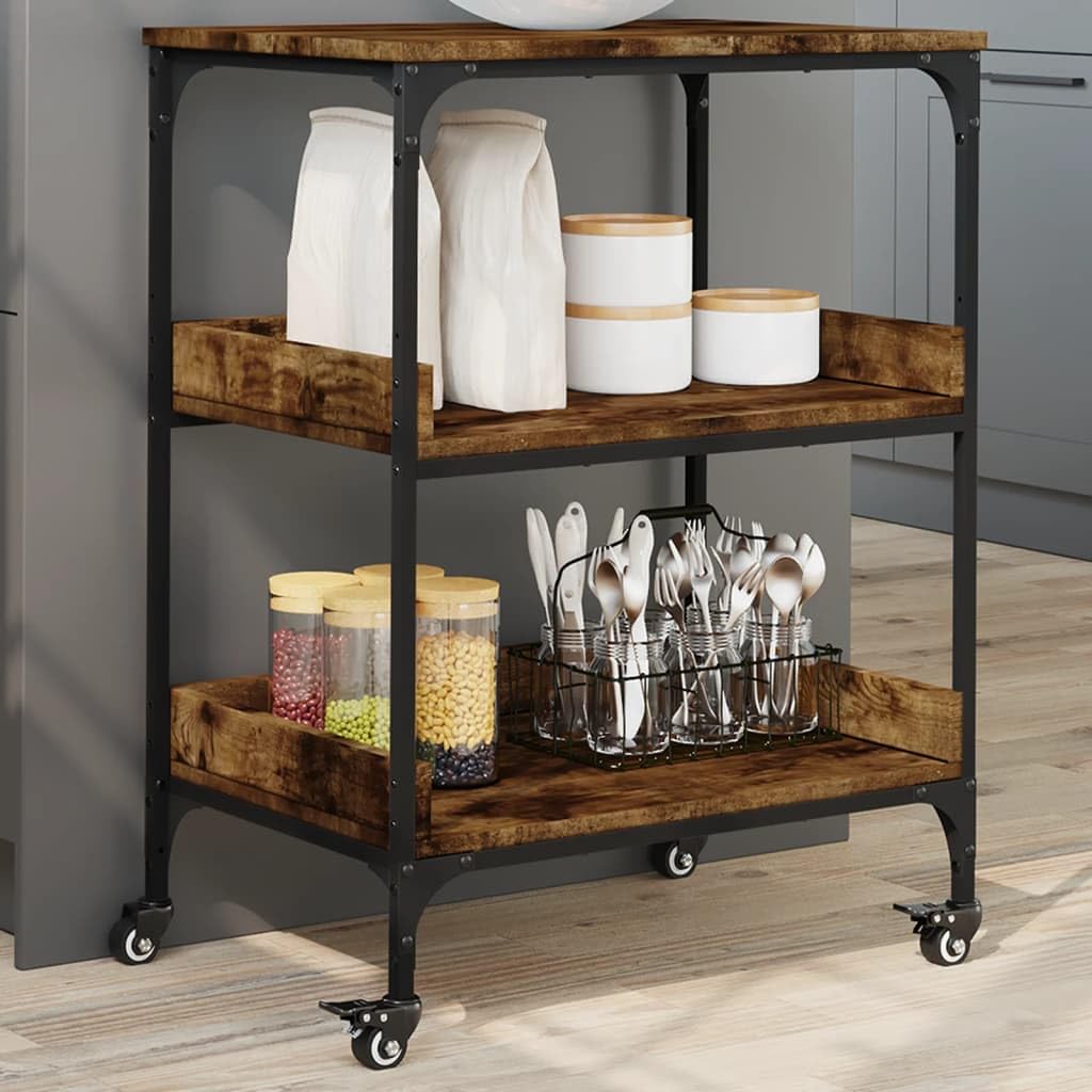 Carro de cocina de roble ahumado, 60 x 41 x 80,5 cm, material de madera con marco de acero, carrito para servir con 4 ruedas, carrito auxiliar con espacio para cocina, comedor, organizador