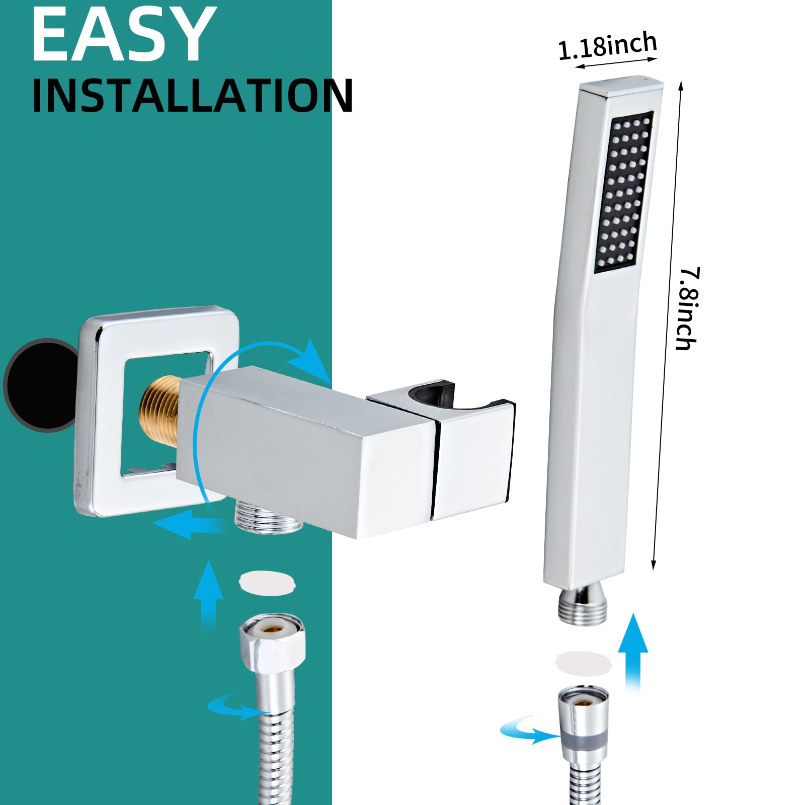 Cabezal de ducha de mano cuadrado de latón macizo cromado con conector de pared y sistema de manguera, montaje en pared, juego de cabezales de ducha de mano