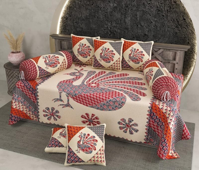 Cotton Diwan Set for Living Room – 1 Single Bedsheet (60x90 Inches) with 5 Cushion Covers (16x16) & 2 Bolster Covers (16x32) Printed Diwan Bedsheet Set (Off White Peacock)-image-19