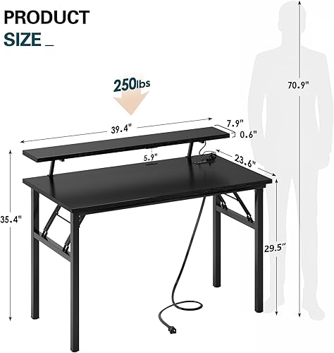 Miniatura 3 de Need Escritorio pequeño para computadora de 39.4 pulgadas con luces LED y tomas de corriente, escritorio plegable con estante para monitor,
