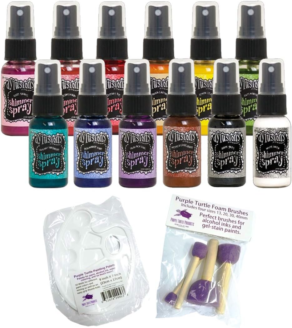 Dylusions Shimmer Spray Bundle - 12 Complete Set - with Purple Turtle Painting Palette and Purple Turtle Foam Brushes