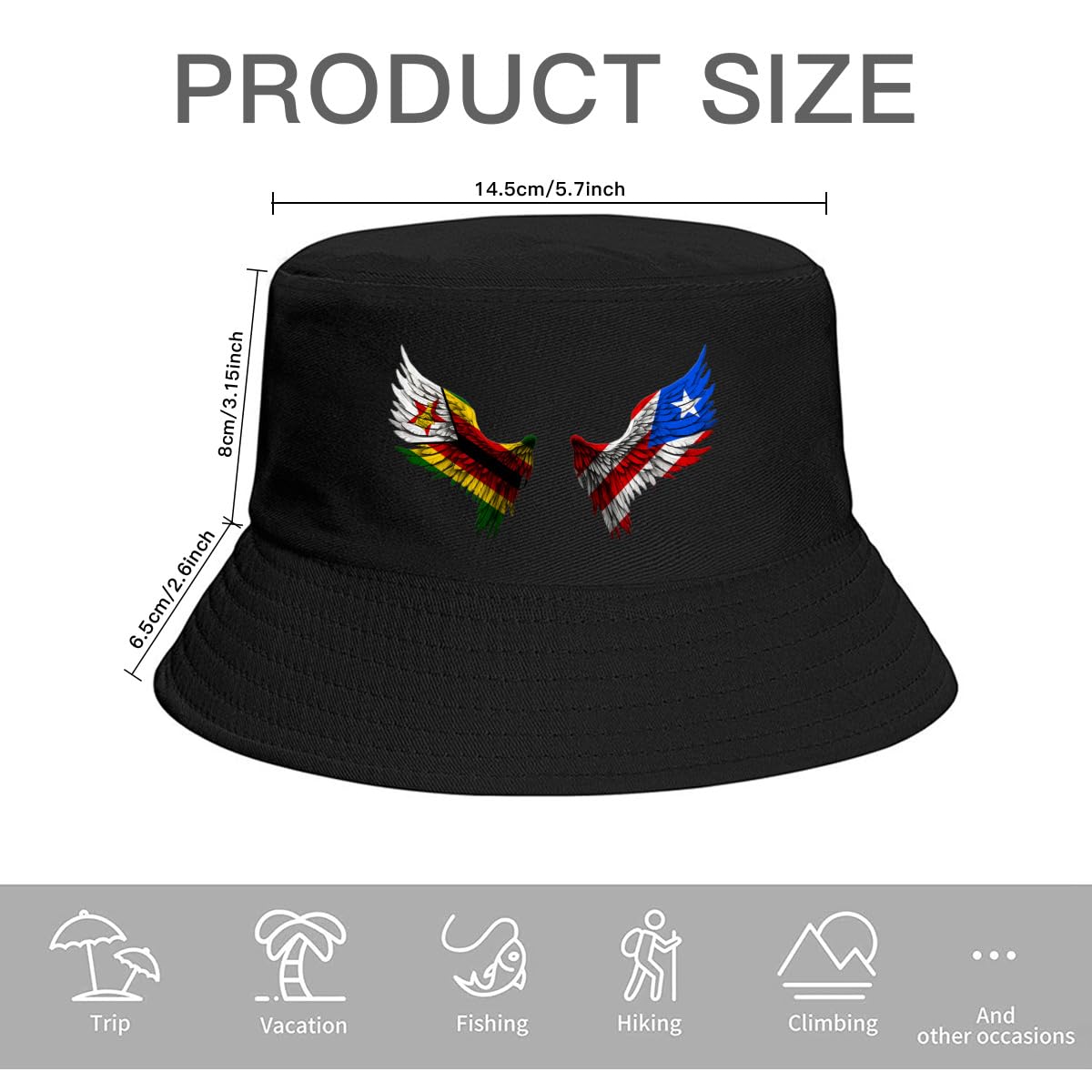 Wings Zimbabwean and Porto Rico Flag Bucket Hats Fashion Sun Cap Packable Outdoor Fisherman Hat for Women Men
