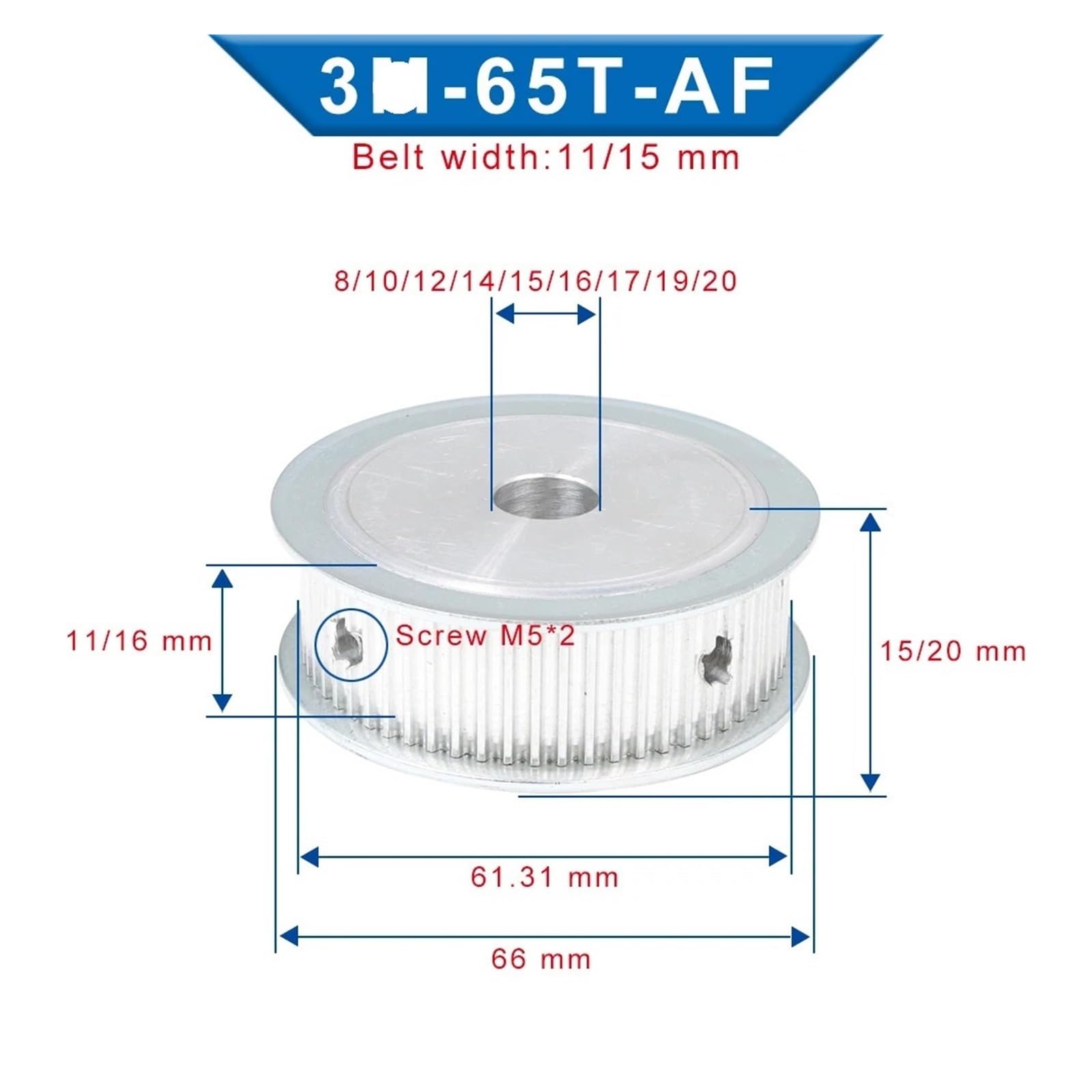 Polea de aluminio 3 troqueles 65T agujero interior 8/10/12/14/15/16/17/19/20 mm, ancho de ranura 16 mm, ancho 15 mm (20 mm) polea industrial de alta precisión para maquinaria y equipo