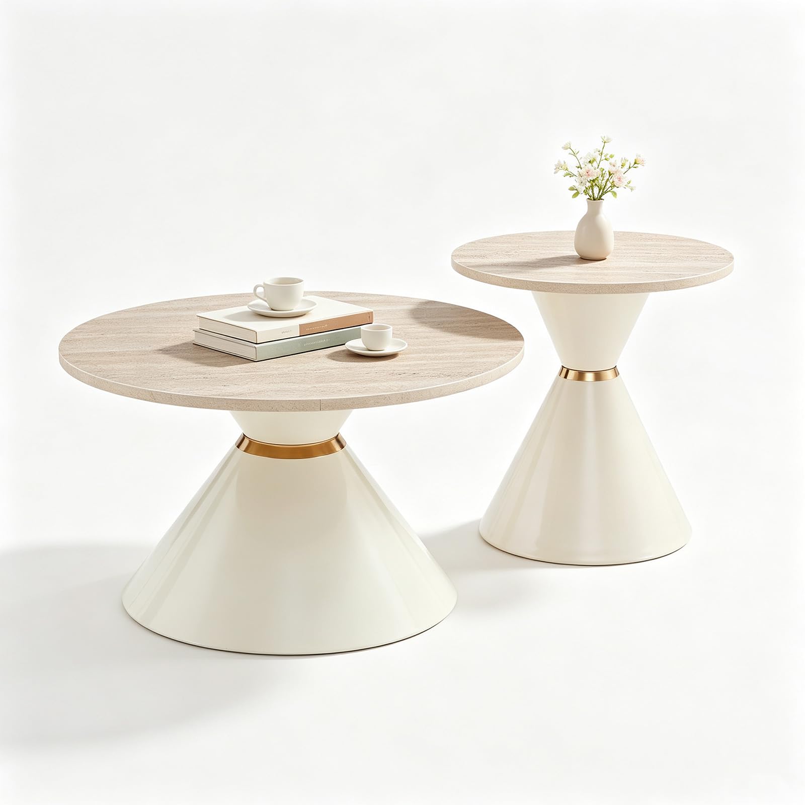 2er Set Runde Couchtische mit Steinoptik(Beige) | Modernes Couchtisch- und Beistelltisch-Set – ideal für Wohnzimmer, Schlafzimmer, Balkon, Empfangsbereich und Büro.