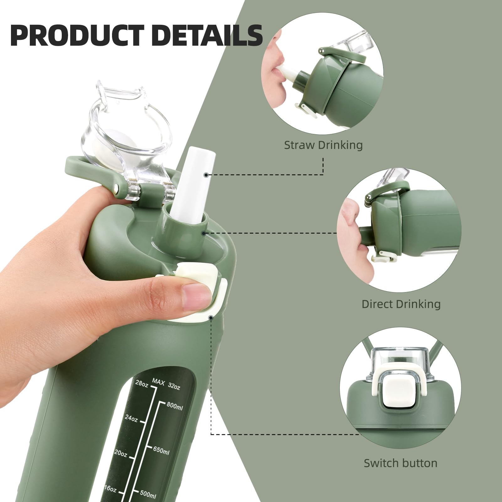 chunmo Glas-Wasserflaschen mit Strohhalm, große motivierende Wasserflasche mit Zeitmarkierung, Sport-Wasserflaschen mit Silikonhülle und Griffdeckel, Wasserkrug für Fitnessstudio, Workout, 900 ml