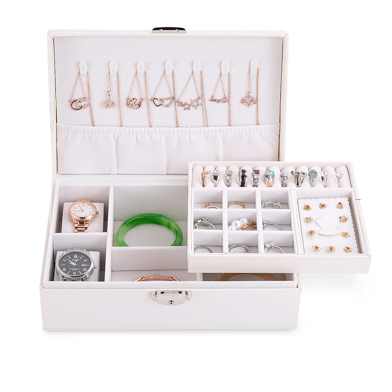 UXCONGOID Mens Jewelry Box Watch Case Holder Organizer for Men 2 Layers Travel with Lock PU Leather Display Storage Necklace Ring Earring (White)
