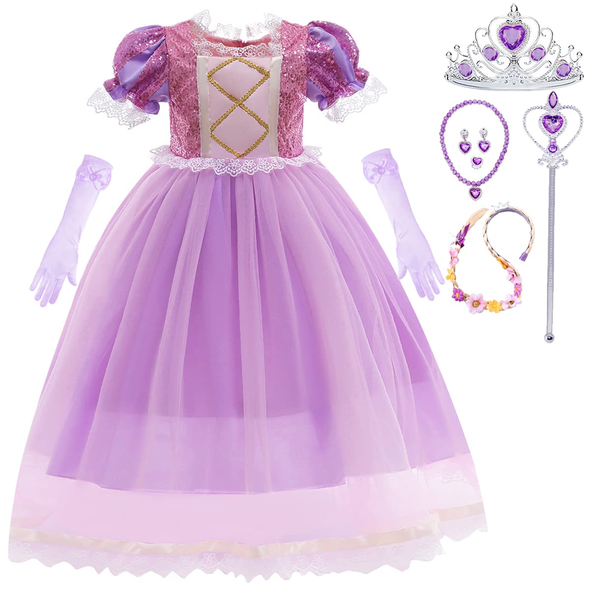 Snyemio Disfraz Princesa para Niña Rapunzel Vestido Morado Traje Carnaval Halloween Navidad