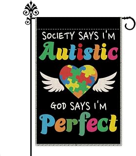 Hafhue Society Says I'm Autistic God Says I'm Puzzle Garden Flag Yard Outdoor Farmhouse Decorations, Hope Education I Love Autism Yard Flag, Inspirational Support Disability Equality Ally Yard Flag