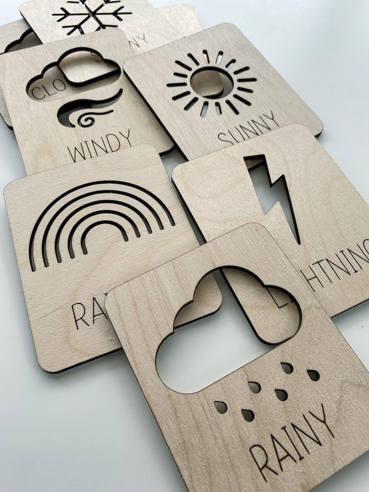 curious button set of 6 pcs wooden educational flashcards for your kids. wether flashcards, montessori homeschool preschool, laser engraved wood, educational