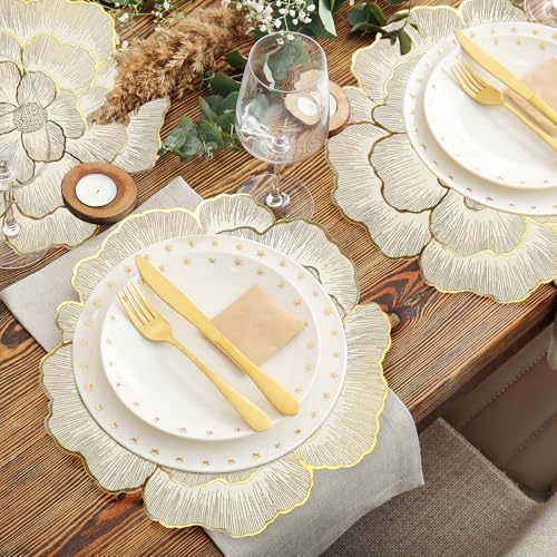 fanquare Gold Placemats Set of 6 Floral Elegant PVC Rose Flower Place Mats with Gold Border Heat Resistant Washable Non-Slip Tablemats for Dining Table Kitchen Decoration 38cm - Image 6