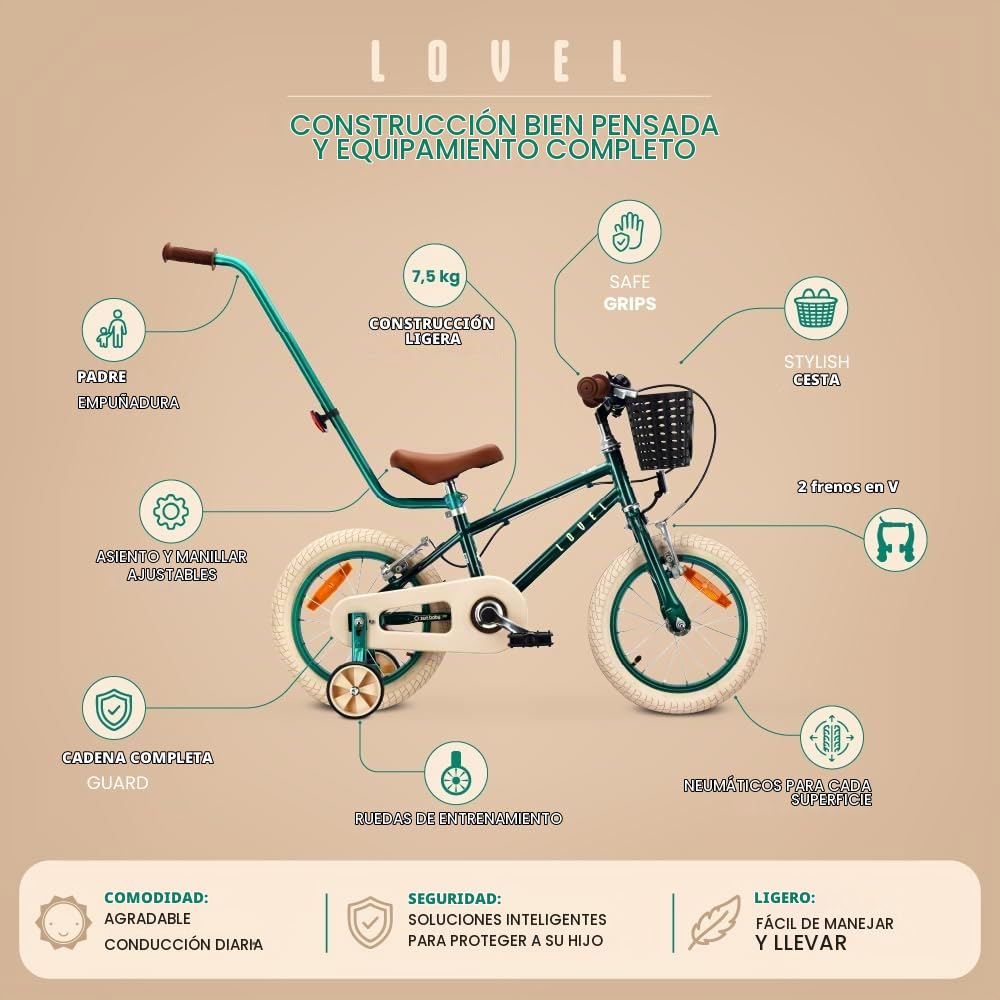 sun baby Lovel Bicicleta niño y niña 14 o 16" | Para 3–6 años, hasta 50 kg, ruedines, cesta, timbre y protector de cadena