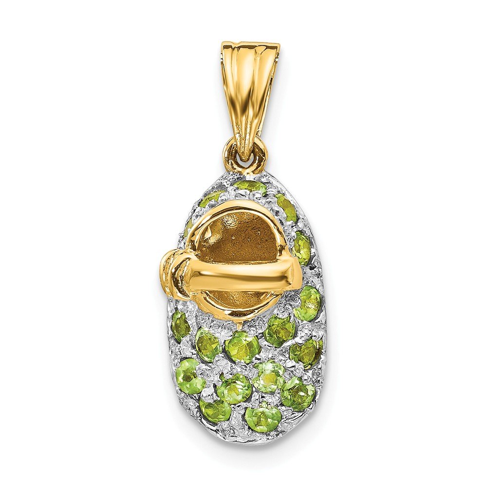 Solid 14k Yellow Gold Two Toned Prong-Set August/Peridot Green August Gemstone Baby Shoe Charm Penda
