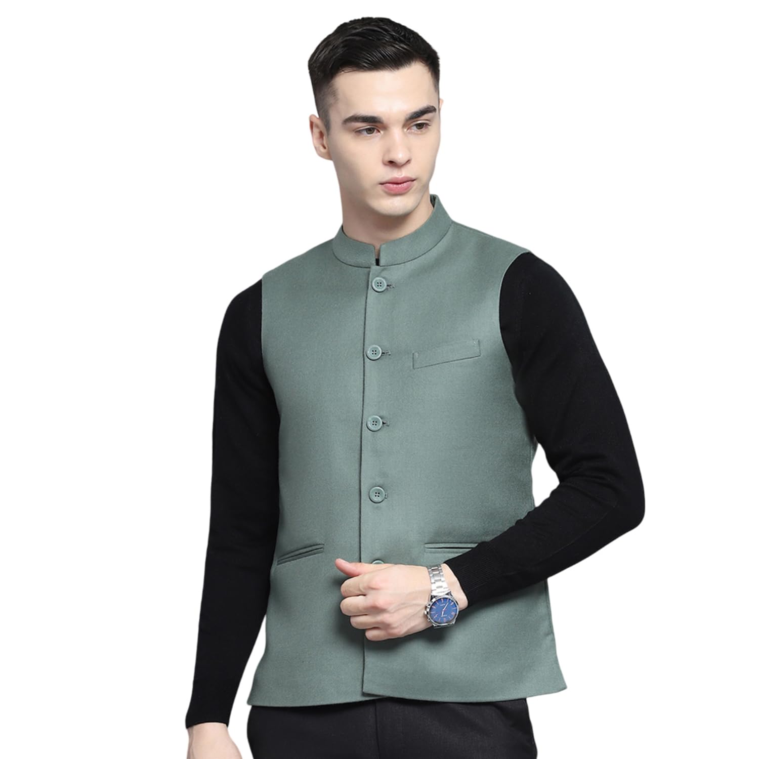 monte carlo Mens Solid Olive Band Neck Sleeveless Jacket-picture-18